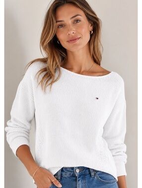 Tommy Hilfiger Women’s L White Cotton Cable Knit Boat Neck Sweater Preppy